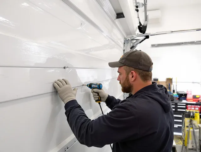 San Jacinto Garage Door Repair technician demonstrating precision dent removal techniques on a San Jacinto garage door
