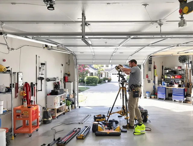 San Jacinto Garage Door Repair specialist performing laser-guided track alignment in San Jacinto